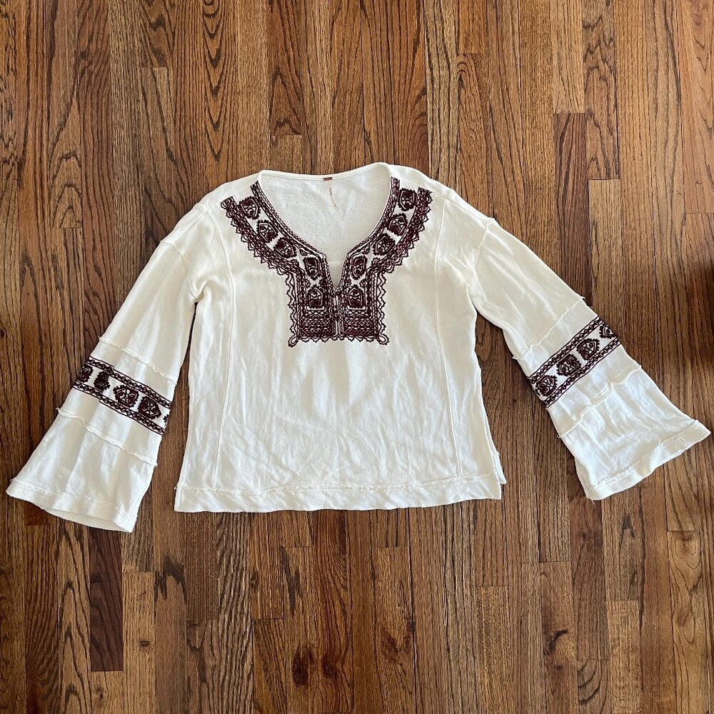 Free People Santa Maria Boho Chic Top Cream Embroidered Long Sleeve Peasant S